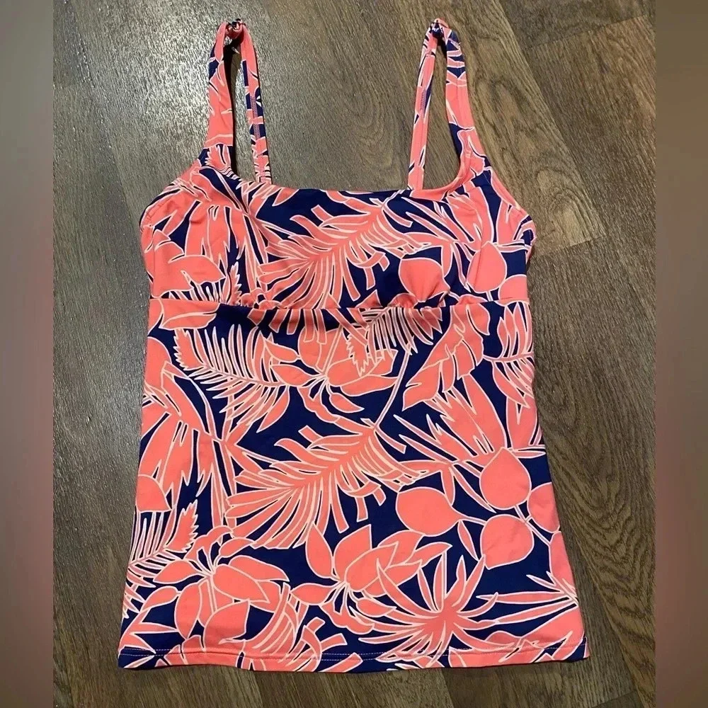 Land’s End Square Neck Underwire Tankini Swimsuit Top Pink Navy Palm Size 2 NWT